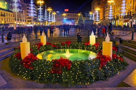 Mandusevac fountain on Ban Jelacic square decorated with advent