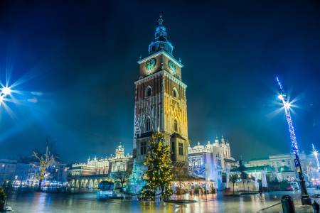 Poland, Krakow. Market Square at night.