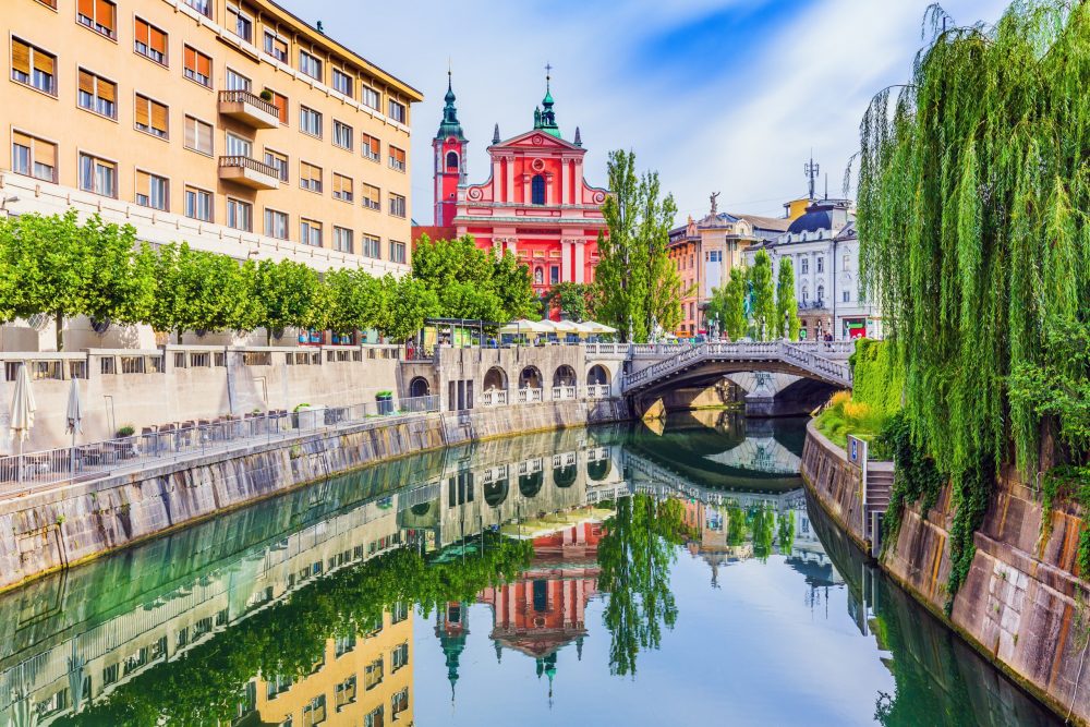 Ljubljana, Slovenia. Cityscape on Ljubljanica river canal in old town.