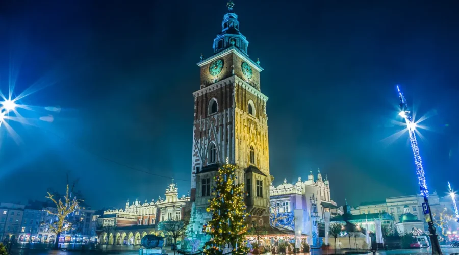 Poland, Krakow. Market Square at night Krakow Market Square at Night